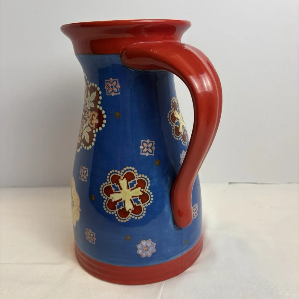 Dutch Wax Coastline Imports Floral Ceramic Pitcher Hand Painted Boho 9.5”